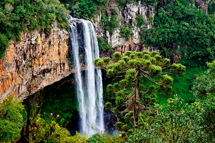 vista para a região montanhosa com uma cachoeira em Canela no Rio Grande do sul
